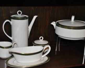 Also Included in the Royal Worcester Mountbatten Green and Gold Serving Piece Set are the Coffee Pot with Lid, Cream & Sugar, and the Gravy Boat with Under Plate.