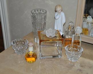 Spectacular  Crystal Box by Mario Cioni,  Made in Italy, Shown with Lenox Voitive Holders, a Cut Crystal Vase, Royal Doulton "Darling" and Hanae Mori Perfume