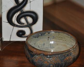 Atop the Banded Candlestick Table we are Showing a Another Beautiful Sid Dickens Tile and an Absolutely Stunning Artist Signed Ceramic Bowl.