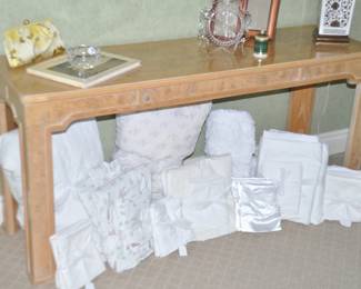 Pictured with The Drexel Heritage "Corinthian" Table are a Wonderful Assortment of Queen Sized Linens, Pillows and Bath Mats 