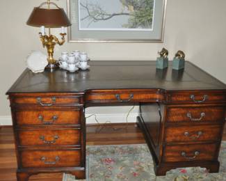 Vintage Old World Mahogany Executive Twin Pedestal Desk With Leather Embossed Top And Solid Brass Hardware, Simply Stunning!  66"W x 37"D x 30"H