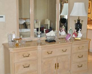 Another Wonderful Piece in the Vintage Drexel Heritage "Corinthian Collection" Bleached Burlwood Triple Dresser (76"W x 32"H x 20.75"D) with Attached Mirror (52"W x 49.5"H) Shown with a Collection Of Porcelain and Crystal.