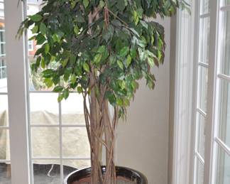 23" x 20" Signed Anduze Poterie De La Madeleine French Ceramic Glazed Pottery Planter with Faux Ficus Tree, 7' Tall.