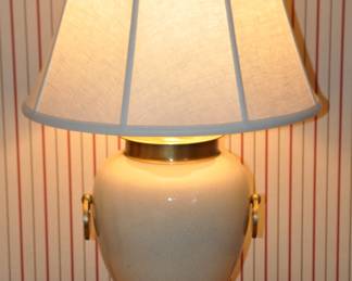 Beautiful Cream Colored Crackled Glaze 29" Frederick Cooper Lamp with Brass Accents and Wooden Base 