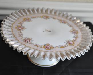 Vintage Fenton Glass "Charleton" c. 1950 Gorgeous Hand Painted Cake Plate Featuring Pink Flowers and Gold Ruffle Trim, 13" D