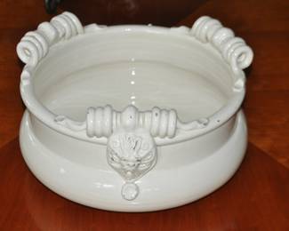 Large Italian Vintage Leona Lavorato Cream Crackled Glaze Vessel With Ornate Spiral Handle With Signature Lion Head, 14"D x 8"H