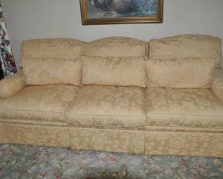 Pristine Isenhower Down Filled Three Cushioned Skirted Sofa in Yellow Damask Upholstery 91"W x 35"D x 32"H