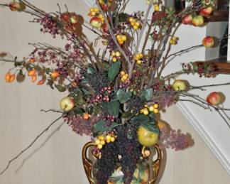Stunning Hand Painted Gold Handled Vase with Ornate Fruit  Arrangement, Overall 48"H x 34"W