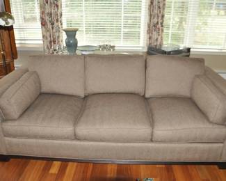 Outstanding Three Down Filled Cushion Sofa by Baker Furniture, 89"W x 40"D x 29"H, Upholstered in a Lovely Brown Herringbone Fabric.