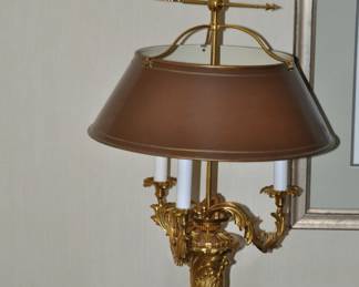 Stunning Neoclassical Style Gilt Bronze and Red Marble Tole Bouillotte Three Arm Desk/Table Lamp, A True Statement Piece! 31"H 