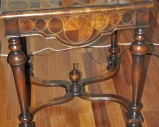 Up Close View of the William and Mary Style Occasional Side Table by Theodore Alexander's "Classic Yet Casual Collection"  Featuring 1 Drawer, four Trumpet legs with Ball feet, and a shaped H Stretcher topped with a Wood Finial. 24” x 24” x 28”h 