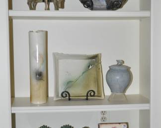 On the Top Shelf we are Featuring A Chinese Bronze Champleve Scholar on a Mule and Other Fine Studio Art Ceramic Pottery and Another Gorgeous Sid Dickens Tile.
