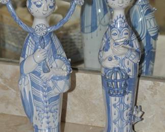 Whimsical Danish Porcelain by Bjorn Wiinblad (Denmark, Switzerland, 1918-2006). Hand painted Studio Art Pottery. Two Fabulous Figurines in the "Fours Seasons"  Collection, Spring and Autumn. M 20 is 1984 & M22 is 1983