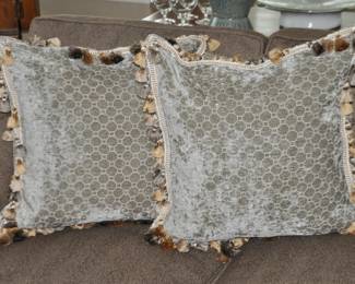 20" Square Custom Made Down Filled Throw Pillows with Tassels in an Olive Chenille Fabric