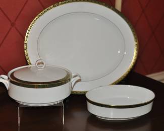 Royal Worcester "Mountbatten Green and Gold" Serving Pieces Include Two 15" Oval Serving Platters, 9" Oval Vegetable Dish and Two 10"  Round Covered Vegetable Bowls