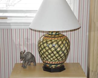 Up Close Detail of The Large Wildwood Ceramic Table Lamp On Beautiful Wooden Base and an Andrea by Sadek Ceramic Elephant 
