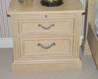 Pictured is one of Two Vintage Stanley Furniture Nightstands Available with Two Drawers and a Pull Out Shelf, 28"W x 26"H x 17"D