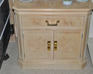 Up Close View of the Vintage Drexel Heritage "Corinthian Collection"Bleached Burlwood  Nightstand with One Pull Out Drawer and Two Doors. 26"W x 25"H x 17.75"D