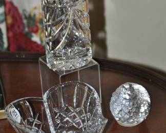 Sitting Val St. Lambert Quail Crystal Paper Weight Shown Beside Vintage Waterford Crystal, Made in Ireland