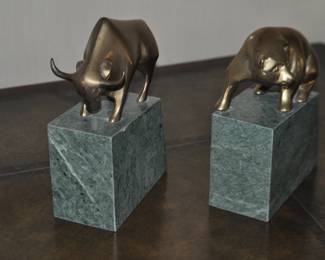 Gatco Bull & Bear Brass & Marble Stock Market Bronze  Bookends Circa 1950's.