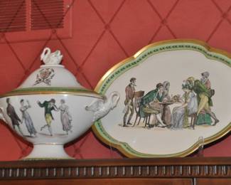 Vintage Mottahedeh Design Covered Porcelain Tureen with Swan Handles Featuring Dancing Figures Made in Italy, 14.5"W x 8"D x 13"H Shown with a Mottahedeh Design 17" Porcelain Tray Also Made in Italy.