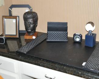 Lovely Black Leather Desk Set Shown with a JFK Bust and Other Desk Accessories