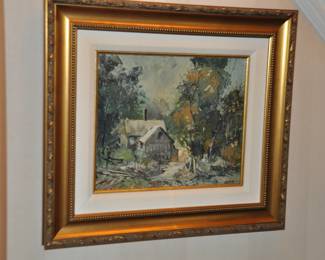 Another Original Oil on Canvas Signed by Canadian Artist Norbert Collins "Cabin in the Woods", Beautifully Framed,  18" x 16" overall