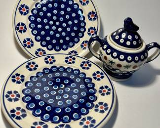 coleslaw’s Polish Pottery Plates and lidded Sugar dish