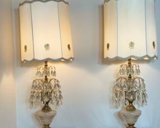 Hollywood French Regency tiered brass Waterfall crystal lamps