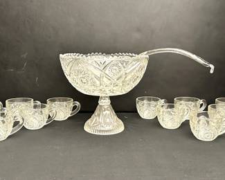 vintage pressed glass punch bowl with punch cups