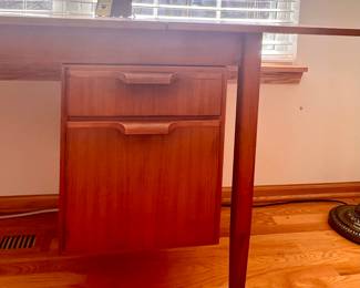 Vtg. Teak sewing table w/drop down side