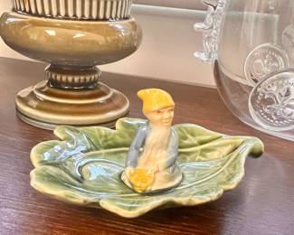 1 of 2 - Vtg. Shamrock pottery Irish - Leaf w/Leprechaun