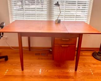 Vtg. Teak sewing table w/drop down side