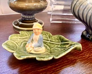 1 of 2 - Vtg. Shamrock pottery Irish - Leaf w/Leprechaun  