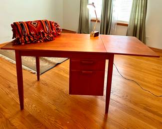 Vtg. Teak sewing table w/drop down side