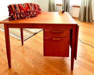 Vtg. Teak sewing table w/drop down side