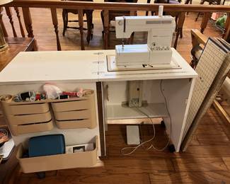 This picture shows the seven small trays attached to the sewing cabinet's door.