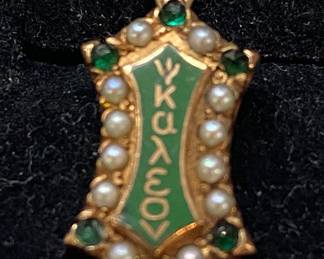 10K Gold Seed Pearl and Emerald SororityPendant