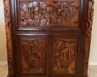 George Zee Mid Century Asian Hand Carved Teak Dry Bar Cabinet