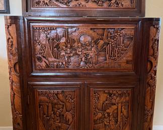George Zee Mid Century Asian Hand Carved Teak Dry Bar Cabinet