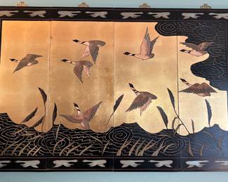 Art Chinese Lacquer Four-Panel Screen with Water Fowl