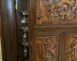 George Zee Mid Century Asian Hand Carved Teak Dry Bar Cabinet