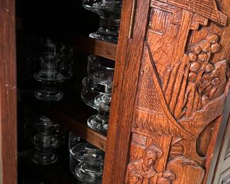 George Zee Mid Century Asian Hand Carved Teak Dry Bar Cabinet