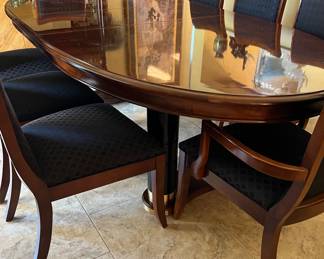 1980s Stanley Empire Style Extendable Oval Cherry Dining Table w 2 Leaves and 8 Chairs