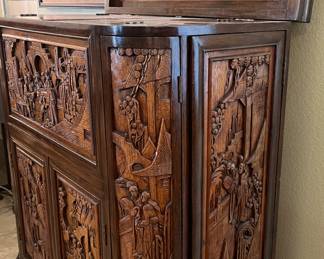 George Zee Mid Century Asian Hand Carved Teak Dry Bar Cabinet