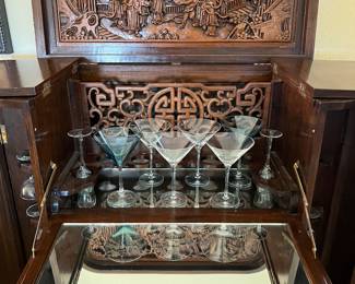 George Zee Mid Century Asian Hand Carved Teak Dry Bar Cabinet