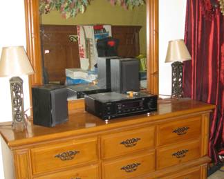 Dresser with matching chest of drawers and two nightstands. Stereo receiver, lamps etc.