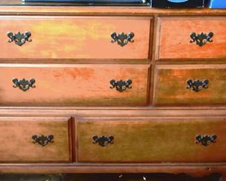 Three maple bedroom set, dresser with mirror, nightstand, headboard and footboard. Purchased in 58 years ago. Made in Arkansas, U.S.A.
