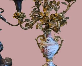 PAIR OF FRENCH GILT BRONZE ROSES AND PORCELAIN CANDELABRAS