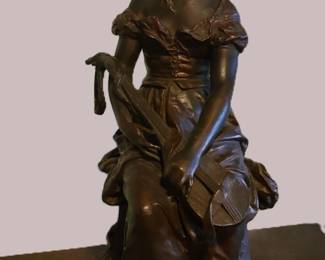 LADY WITH MANDOLIN BRONZE STATUE BY HIPPOLYTE MOREAU 1832  SIGNED 16 INCHES TALL